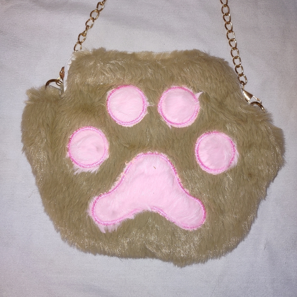 Furry Paw Print Shoulder Bag Pink Tan Kawaii Cottagecore Princess Casual Party